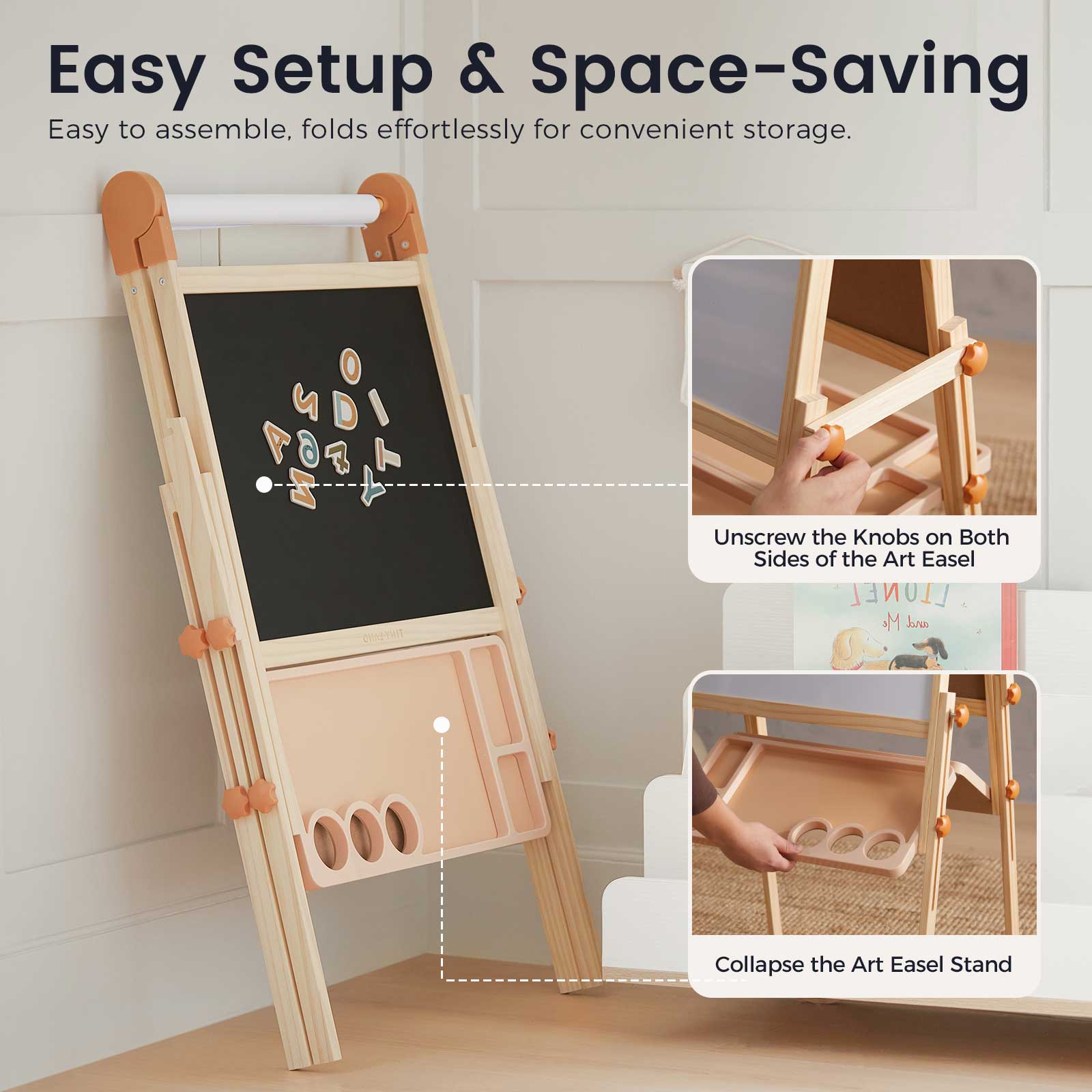 The Tiny Land® Caramel Magnitales Easel for Kids by Tiny Land folds flat for storage and features a blackboard, storage tray, magnetic letters, and easy setup. Inset images show how to unscrew side knobs and collapse the space-saving easel.