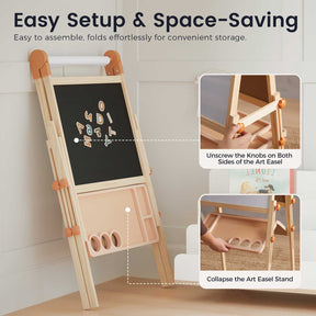 The Tiny Land® Caramel Magnitales Easel for Kids by Tiny Land folds flat for storage and features a blackboard, storage tray, magnetic letters, and easy setup. Inset images show how to unscrew side knobs and collapse the space-saving easel.