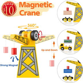 Illustration of the Tiny Land® Wooden Track Trains 55 Pcs by Tiny Land shows a yellow magnetic crane lifting blocks and containers, perfect for interactive play with any wooden train set. Insets highlight 360° rotation and text notes its $10 value and features.|55 Pcs