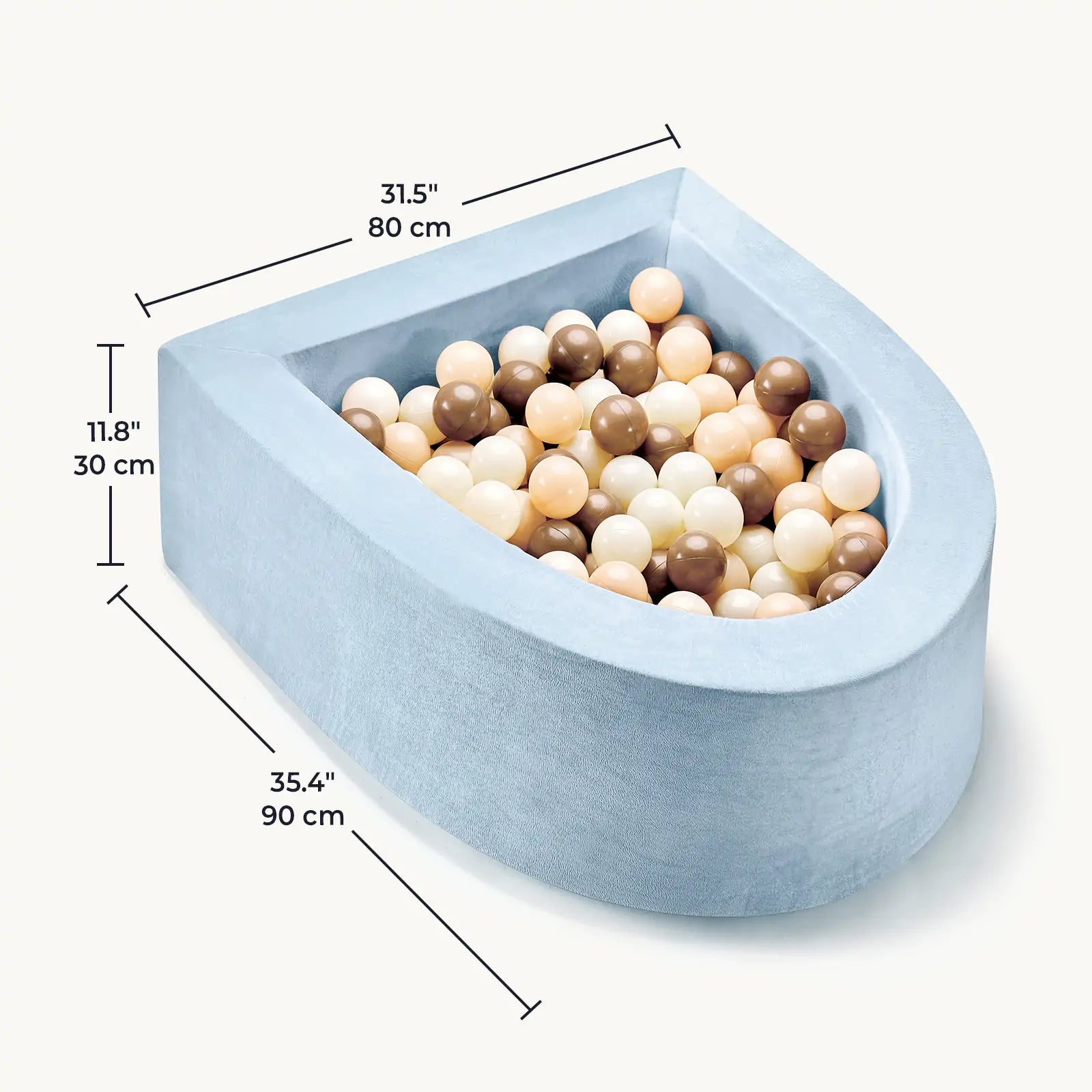 The Tiny Land® Violet PlayNest Climbing Ball Pit Set with Tunnel by Tiny Land features a blue, velvet, semi-circular foam ball pit filled with beige, white, and brown balls. Perfect for any indoor playground, it measures 35.4 x 31.5 x 11.8 in (90 x 80 x 30 cm).|Blue