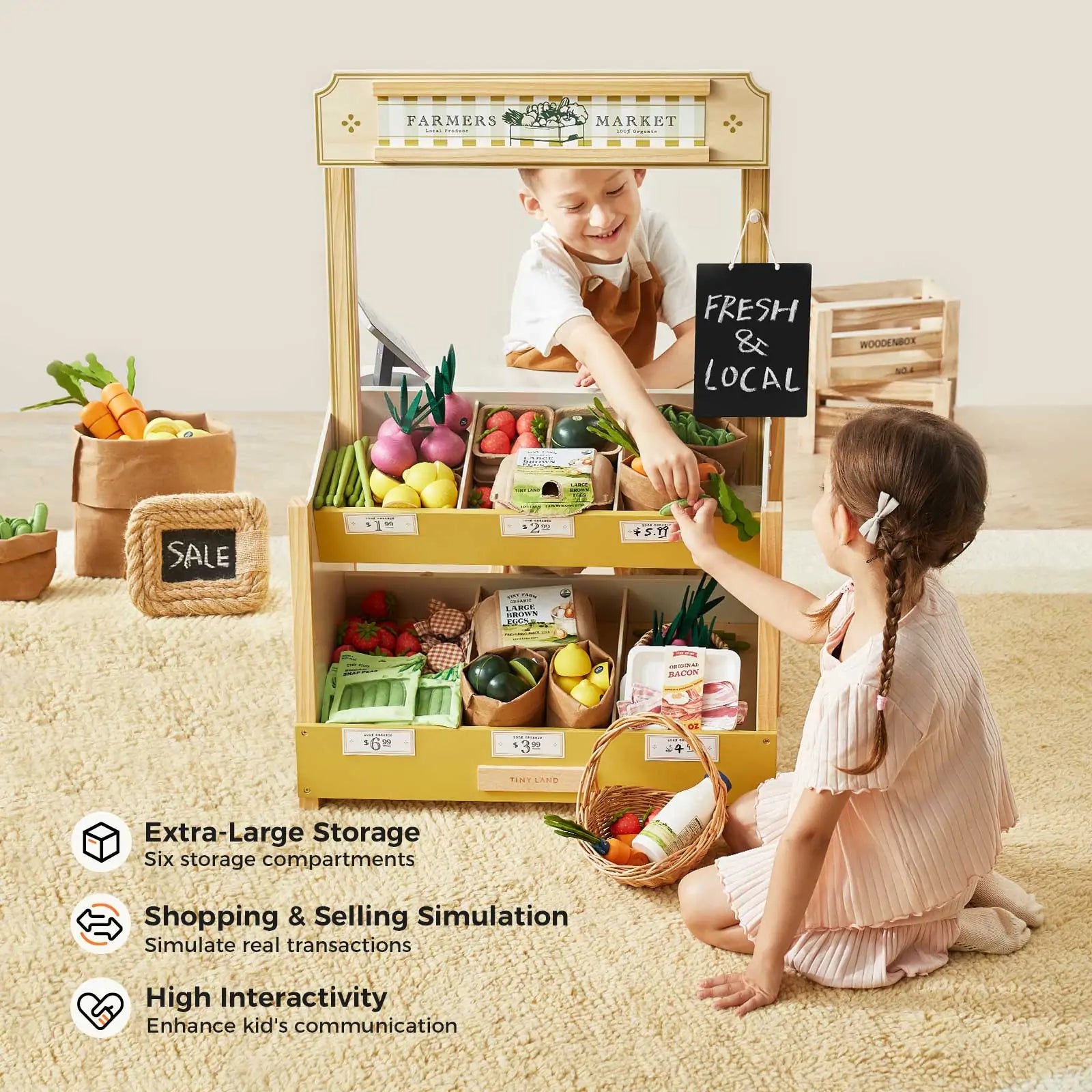 Two children play with the Tiny Land® Kid's Grocery Store Playset, enjoying pretend shopping and checkout. The set by Tiny Land includes fruits, vegetables, and groceries for interactive storage and imaginative fun together.