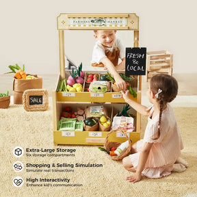 Two children play with the Tiny Land® Kid's Grocery Store Playset, enjoying pretend shopping and checkout. The set by Tiny Land includes fruits, vegetables, and groceries for interactive storage and imaginative fun together.
