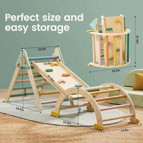 Tiny Land® 7-in-1 Morandi Pikler Triangle Set by Tiny Land, featuring a slide, ladder, and arch for toddlers—shown assembled and folded with labeled dimensions. Text: Perfect size & easy storage. Pastel colors on a light background.|morandi color