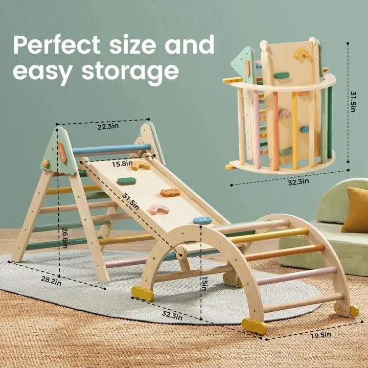 Tiny Land® 7-in-1 Morandi Pikler Triangle Set by Tiny Land, featuring a slide, ladder, and arch for toddlers—shown assembled and folded with labeled dimensions. Text: Perfect size & easy storage. Pastel colors on a light background.|morandi color