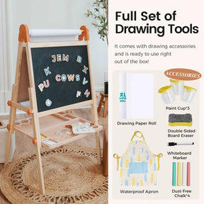 Introducing the Tiny Land® Caramel Magnitales Easel for Kids by Tiny Land—a wooden art easel complete with magnetic letters, a paper roll, chalk, and creative art supplies. The full set includes paint cups, eraser, apron, marker, and chalk—everything your child needs for artistic play. This adjustable easel is perfect for encouraging creativity in children’s playtime. Full Set of Drawing Tools.