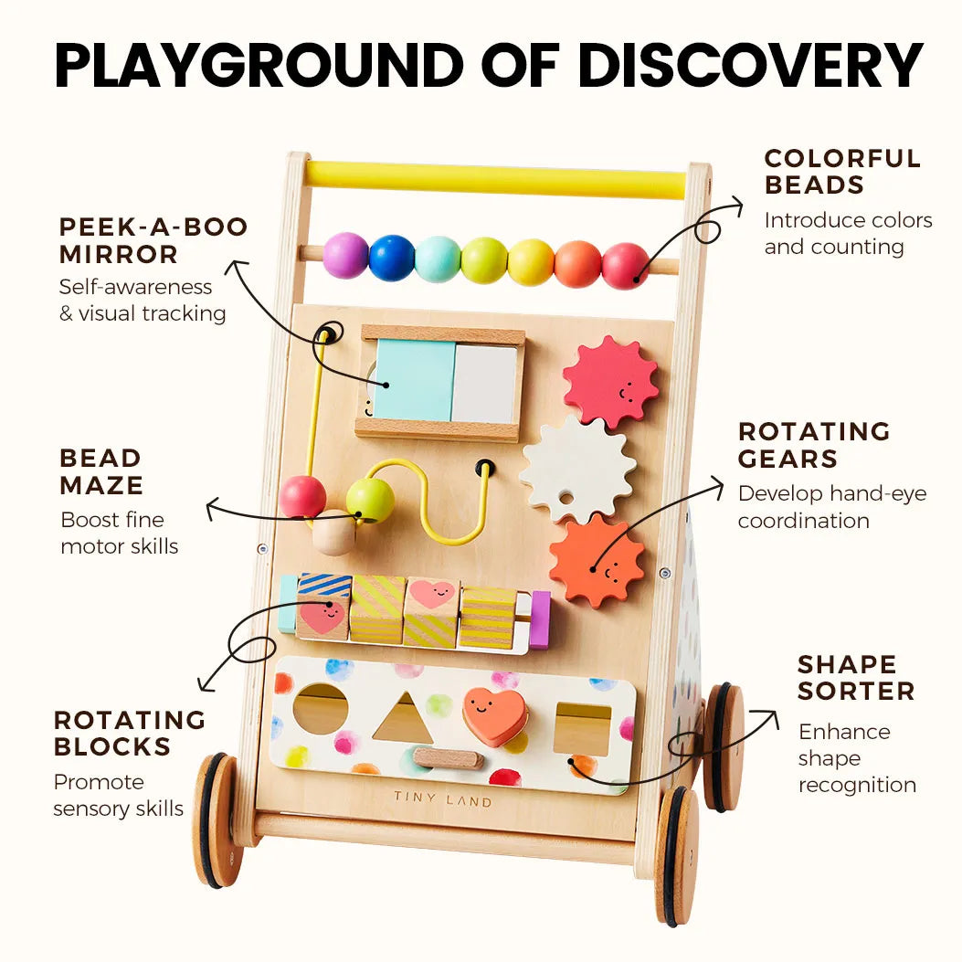 Introduce your little one to learning through play with the Tiny Land® Premium Natural Wooden Activity Walker by Tiny Land. This eco-friendly toddler activity walker features colorful beads, a peek-a-boo mirror, bead maze, rotating gears, spinning blocks, and a shape sorter—each component labeled with its specific developmental benefit. The perfect developmental baby toy to nurture curiosity and support early skill-building!.