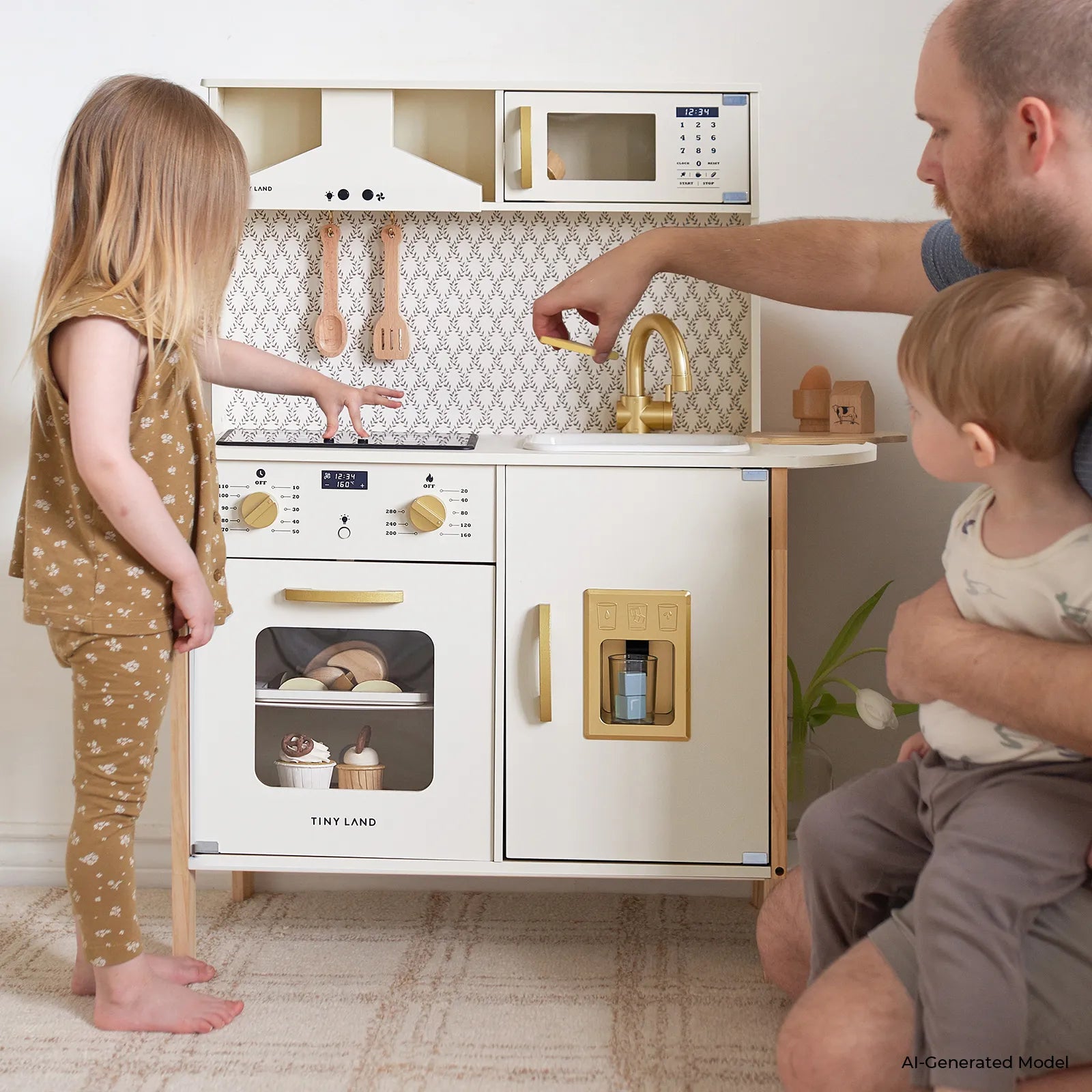 A young girl and an adult with a toddler enjoy imaginative pretend play with the Tiny Land® PopJoy Play Kitchen by Tiny Land, which features utensils, an oven, and a sink—perfect for cooking and washing dishes together.