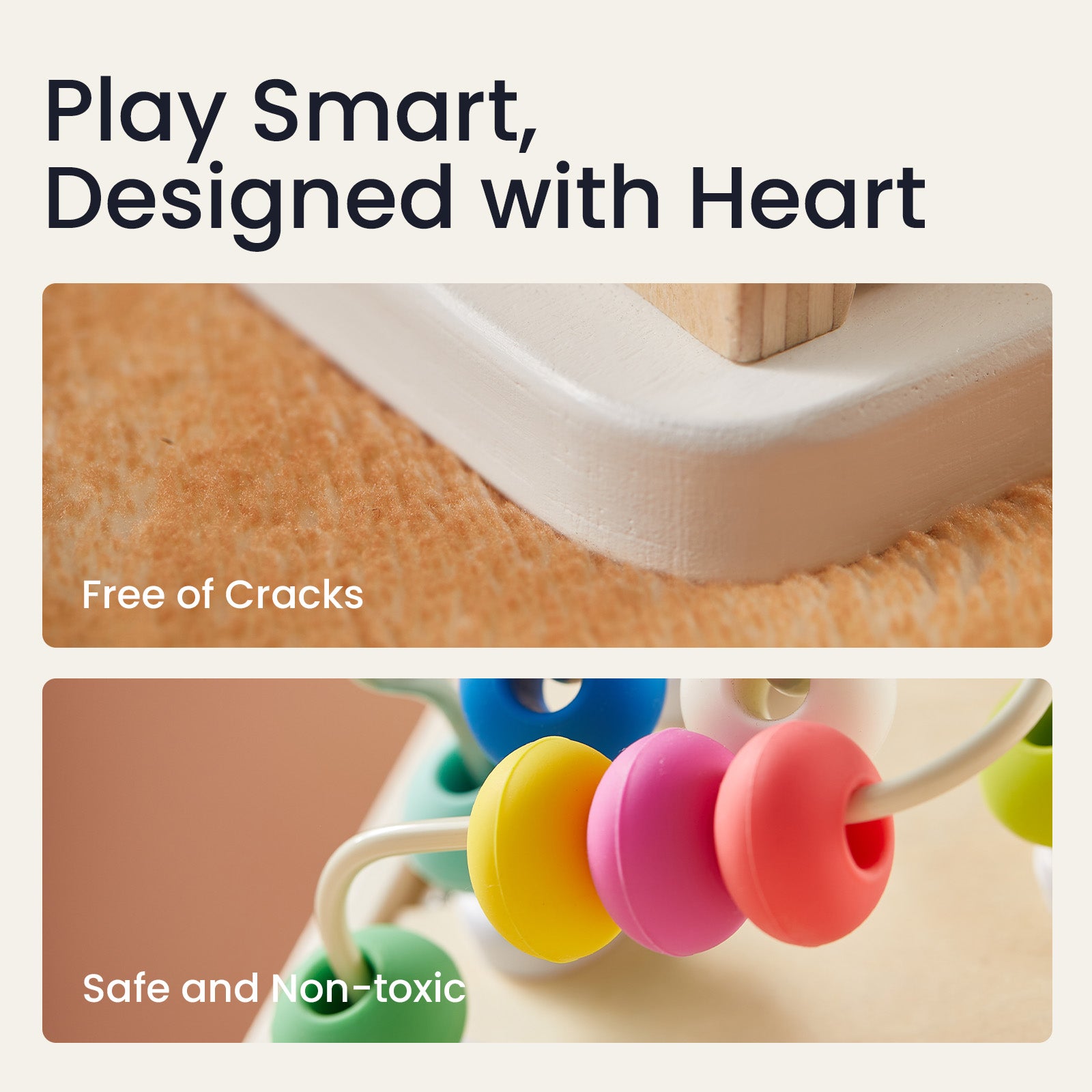 Close-up of Tiny Land's Rainbow Baby Walker & Activity Cube Playset with smooth edges and colorful beads. Text: Play Smart, Designed with Heart. Crack-free, safe, non-toxic—perfect for fine motor skill development.