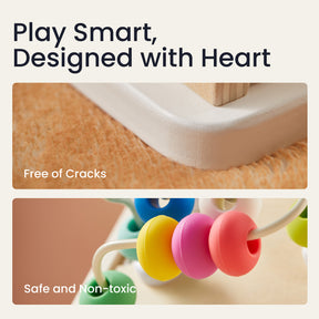 Close-up of Tiny Land's Rainbow Baby Walker & Activity Cube Playset with smooth edges and colorful beads. Text: Play Smart, Designed with Heart. Crack-free, safe, non-toxic—perfect for fine motor skill development.