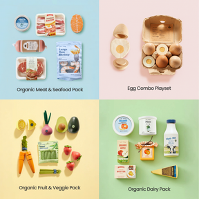 A four-panel image shows the Tiny Land® Organic Play Food Set by Target: top left—meat and seafood; top right—egg set; bottom left—fruits and veggies; bottom right—dairy, all labeled organic or combo packs on pastel backgrounds.
