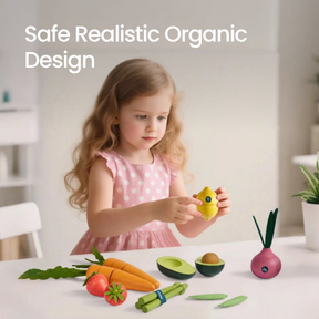 A young girl in a pink polka dot dress plays at a table with the Tiny Land® Organic Fruit & Veggie Pack by Tiny Land Play Food—realistic, safe play food for toddlers. Text reads: Safe Realistic Organic Design.