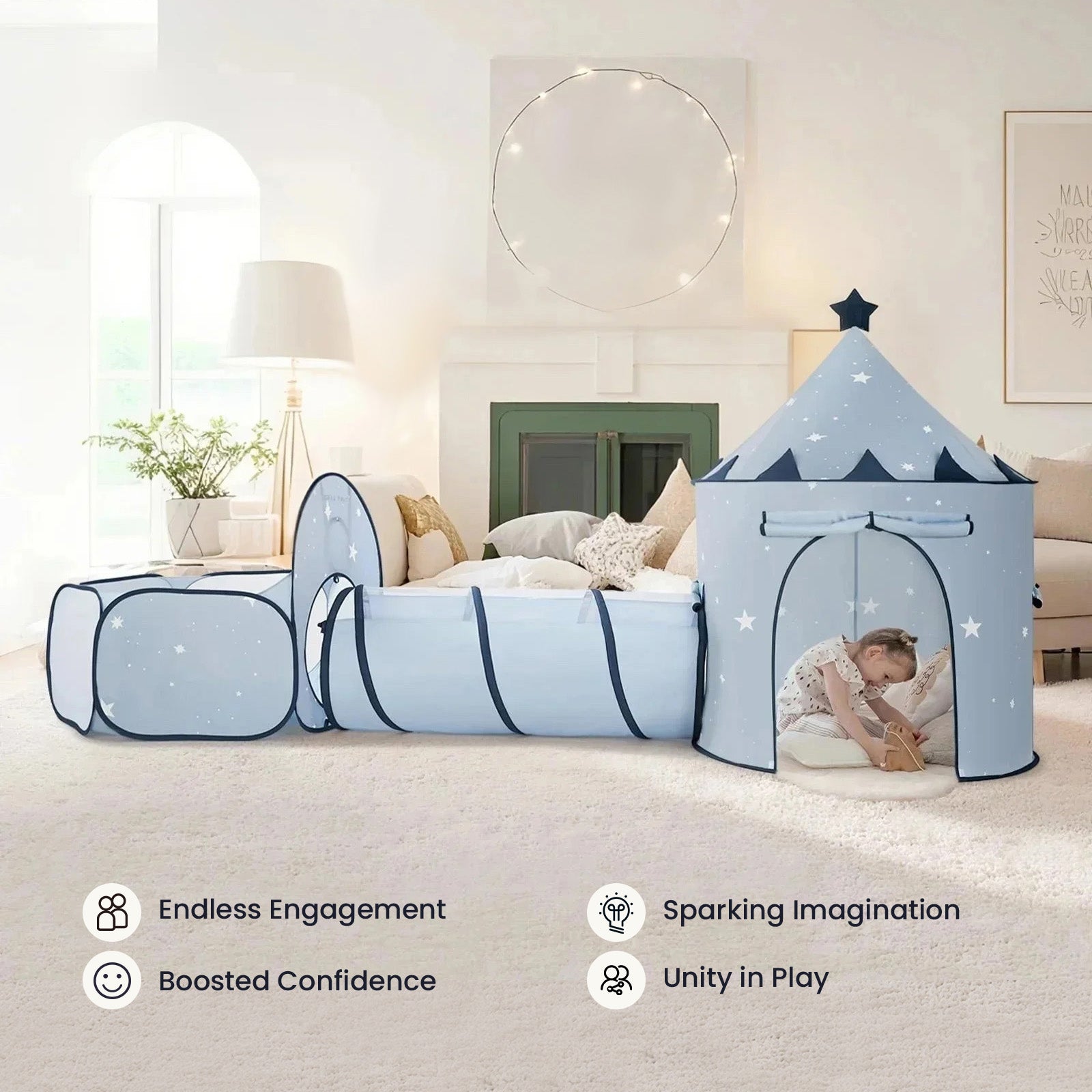 A child explores the Tiny Land® Adventure 3-in-1 Play Tunnel & Ocean Ball Set - Blue, a castle-shaped tent with tunnels. Icons below show benefits: engagement, confidence, imagination, and unity in play from Tiny Land.|blue