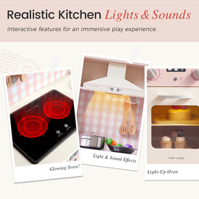 Collage featuring the Tiny Land® PopJoy Play Kitchen - Pink / Green by Tiny Land, with a glowing stove, a range hood with sound and light effects, and an oven with a light-up window displaying toy cupcakes. Text highlights realistic kitchen lights and sounds for the ultimate pretend play experience.|Pink