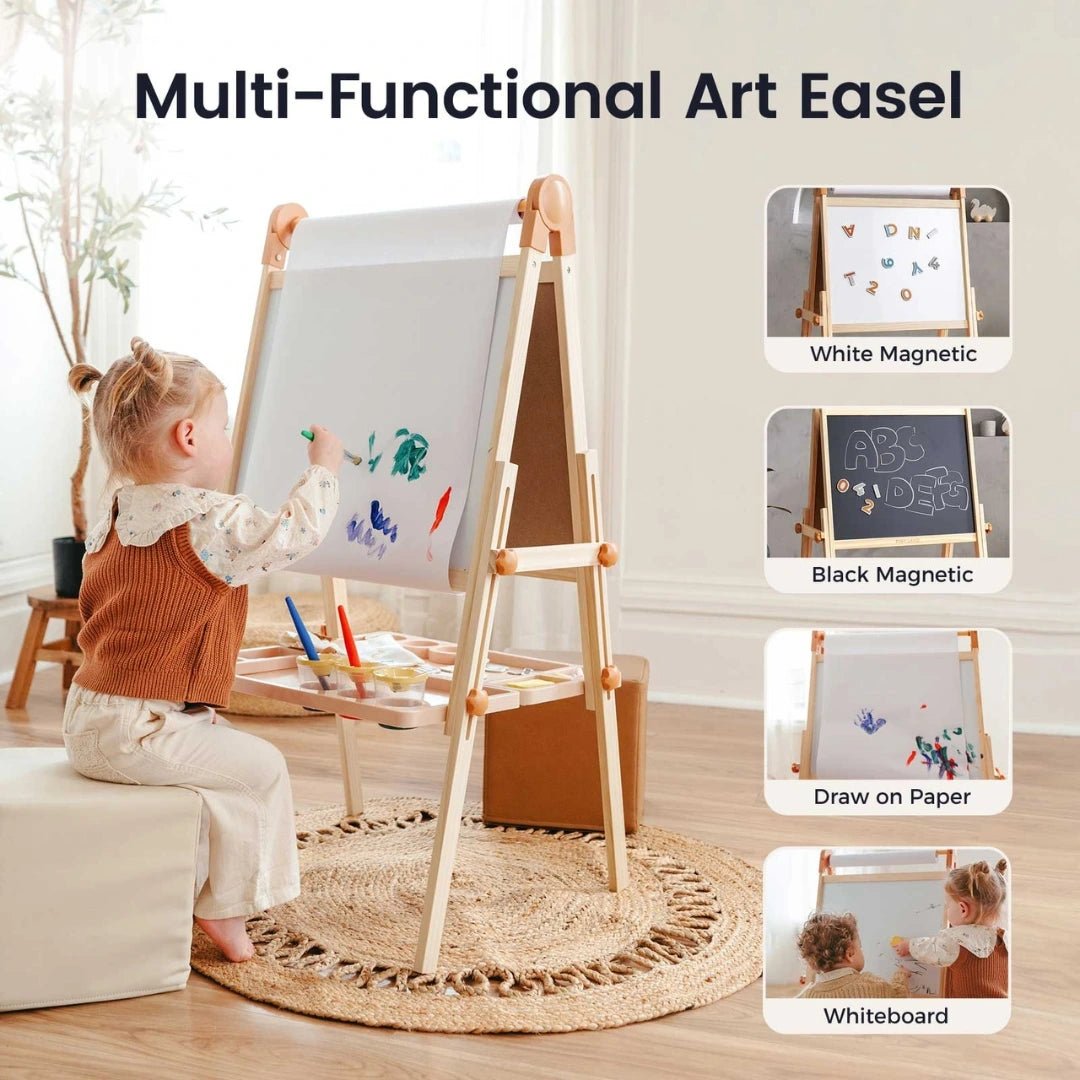 A young child draws on the Tiny Land® Caramel Magnitales Easel for Kids, featuring a white magnetic board. Four inset images display other features: black magnetic board, paper drawing surface, and whiteboard. Brand: Tiny Land.