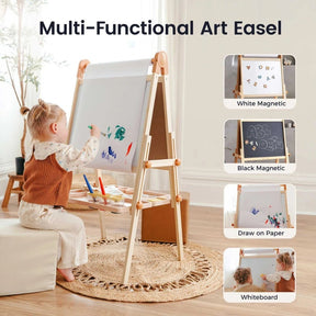 A young child draws on the Tiny Land® Caramel Magnitales Easel for Kids, featuring a white magnetic board. Four inset images display other features: black magnetic board, paper drawing surface, and whiteboard. Brand: Tiny Land.