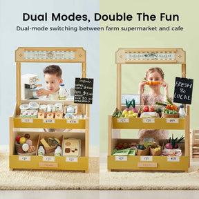 Two children play with the Tiny Land® Farm-to-Table Gift Set by Tiny Land—a light & sound kitchen and market stall featuring play food, a toy coffee machine, price tags, and a small display counter for imaginative fun.
