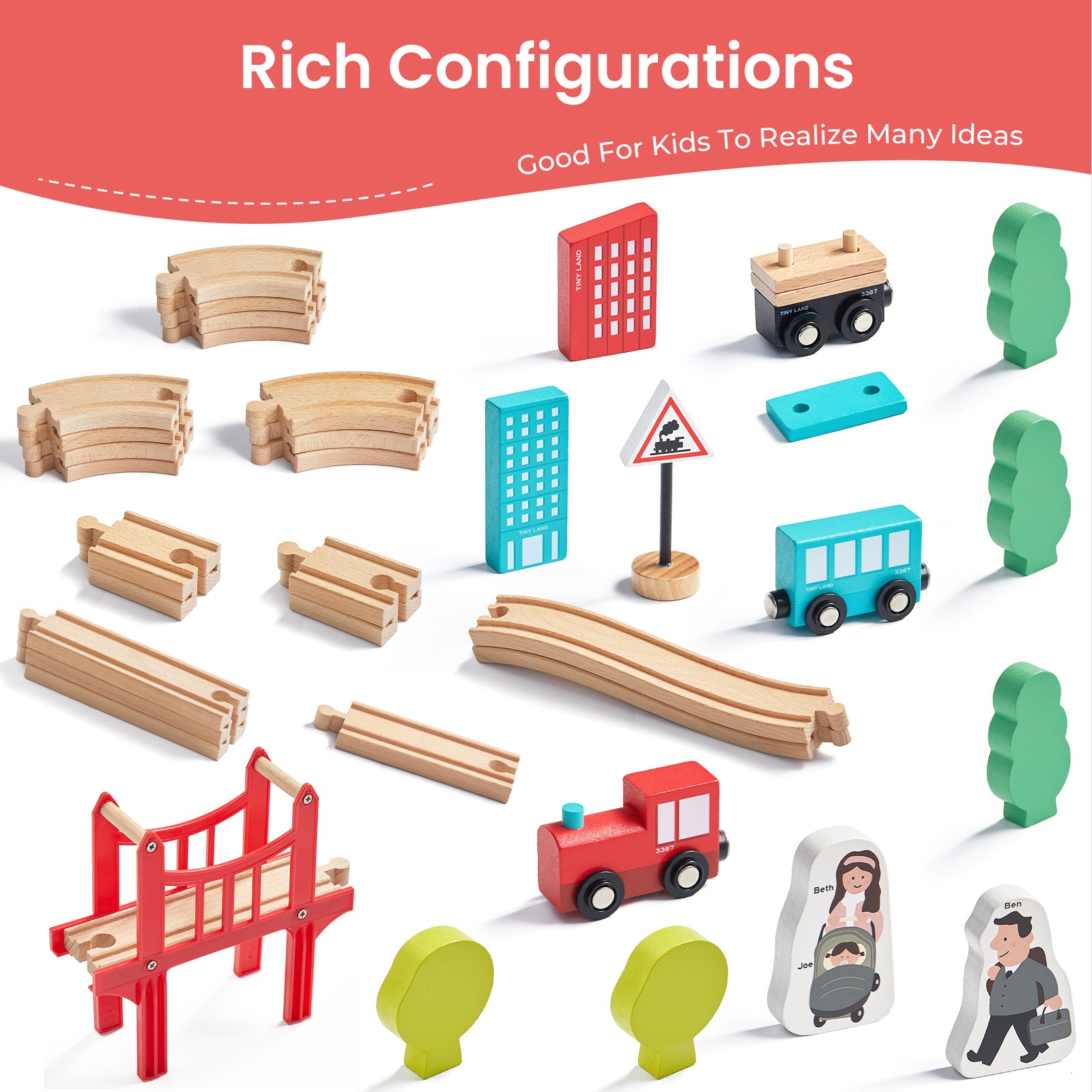 The Tiny Land® Wooden Train Set for Children (39 pcs) by Tiny Land features curved and straight tracks, a red bridge, trees, buildings, vehicles, people, and traffic signs arranged on a white background with “Rich Configurations” text.|39 Pcs