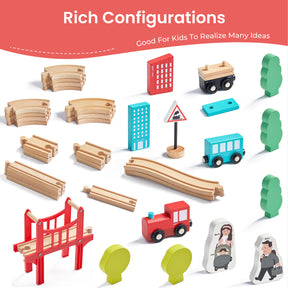 The Tiny Land® Wooden Train Set for Children (39 pcs) by Tiny Land features curved and straight tracks, a red bridge, trees, buildings, vehicles, people, and traffic signs arranged on a white background with “Rich Configurations” text.|39 Pcs