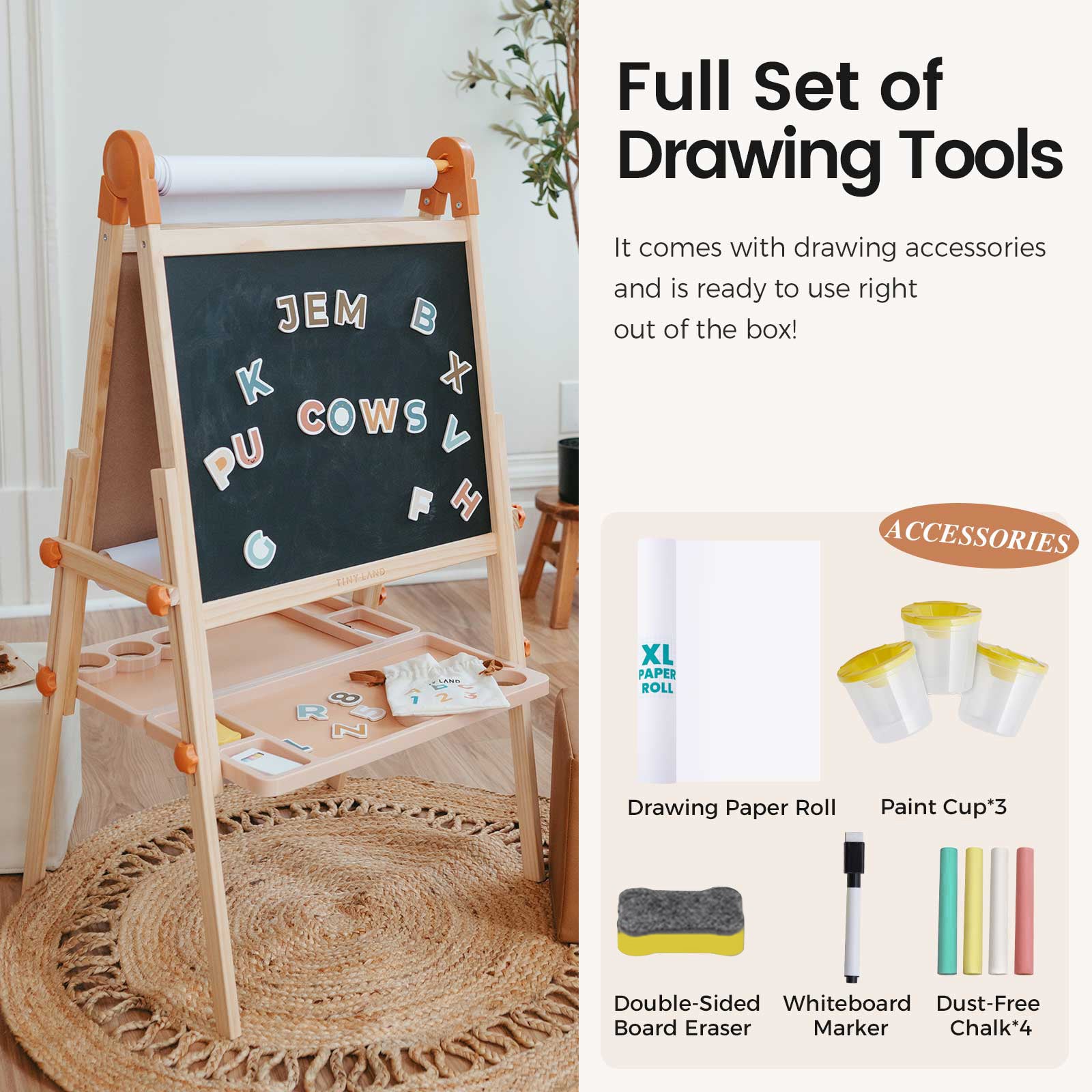 The Tiny Land® Caramel Magnitales Easel for Kids includes a chalkboard, magnetic letters, paper roll, paint cups, chalk, whiteboard marker, and eraser—everything needed for creative play and learning from Tiny Land.
