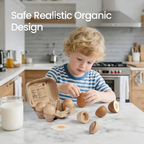 A young child plays at the kitchen counter with realistic play food. On the marble countertop are a carton, glass of milk, and egg pieces from the Tiny Land® Egg Combo Playset by Tiny Land Play Food. Text reads: Safe Realistic Organic Design.