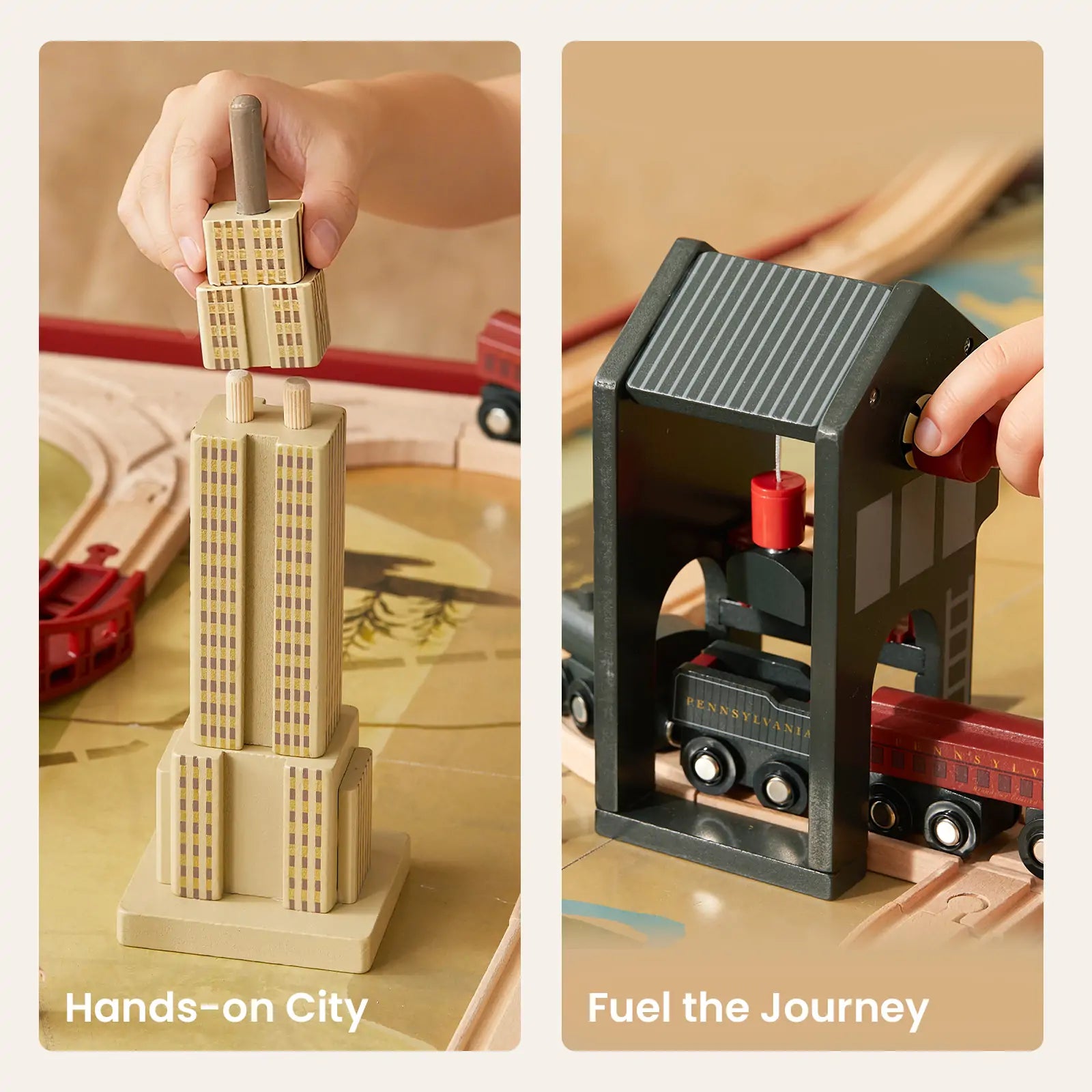A child builds a wooden skyscraper on the left and places a train under a black shed on the right with the Tiny Land® 1920 Railway Adventure Train Table by Target. The text reads “Hands-on City” and “Fuel the Journey.”.