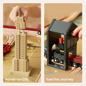 A child builds a wooden skyscraper on the left and places a train under a black shed on the right with the Tiny Land® 1920 Railway Adventure Train Table by Target. The text reads “Hands-on City” and “Fuel the Journey.”.