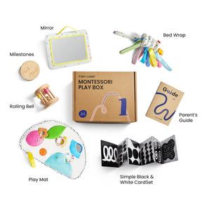 The Tiny Land® Montessori Toys for Newborns (0–3 Months) set by Tiny Land includes a mirror, colorful bed wrap, wooden rolling bell, “Hello World” milestone disc, play mat, black and white cards, a parent’s guide—all packed in a brown box for sensory play.