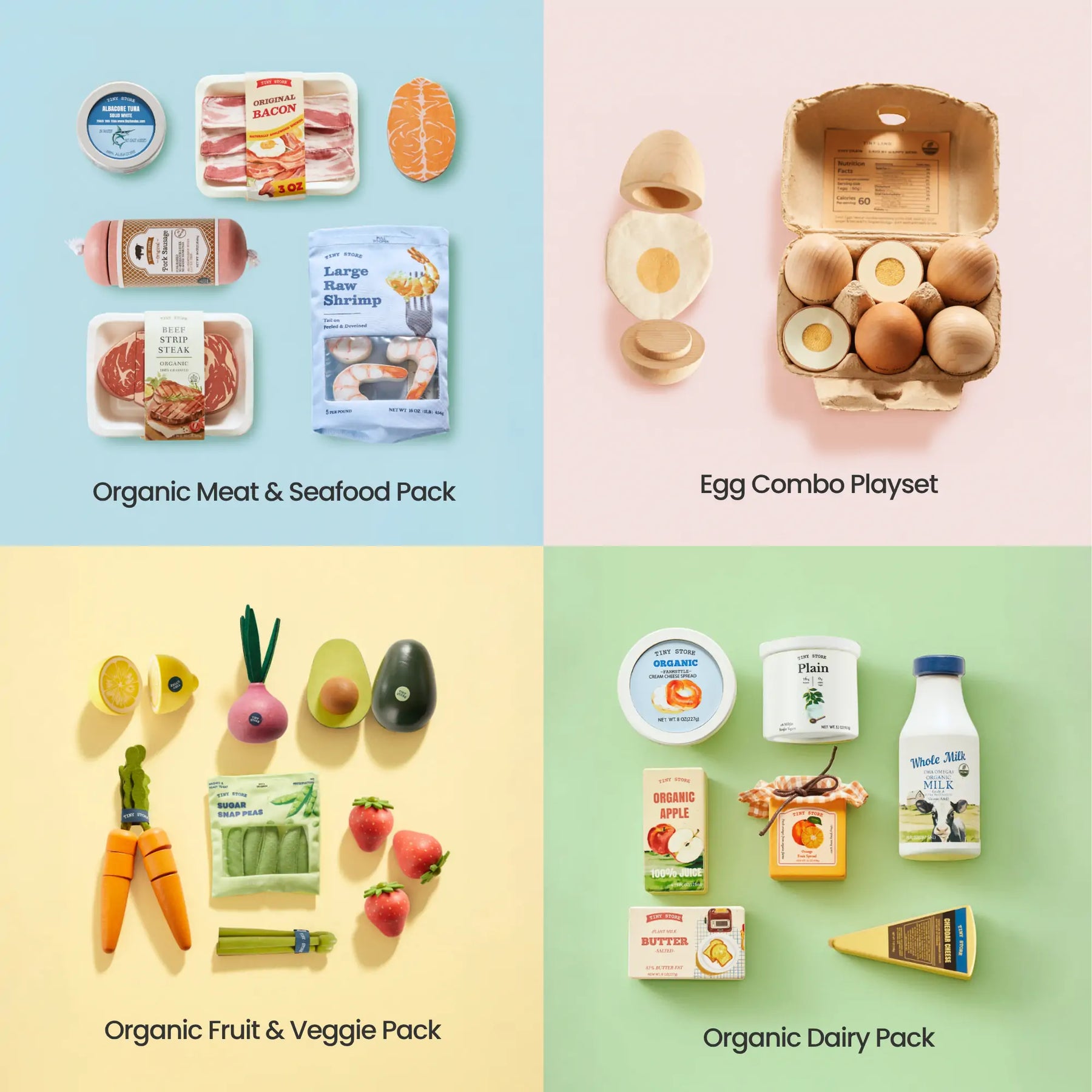 Four sections display Tiny Land® Organic Play Food Collection by Tiny Land Play Food: top left—organic meat & seafood pack; top right—egg combo playset; bottom left—wooden cutting fruit set for toddlers; bottom right—organic dairy pack.