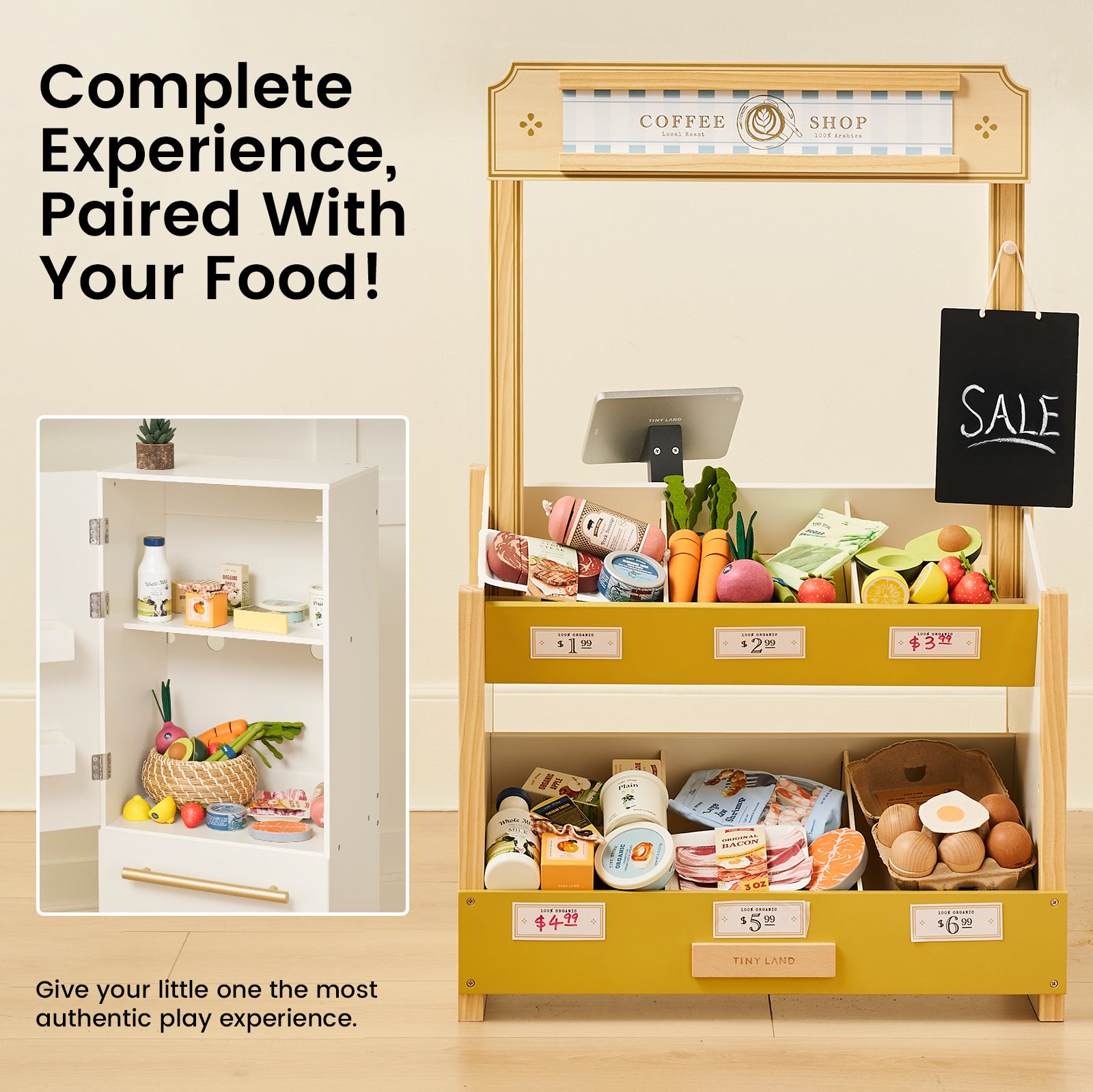 Tiny Land Play Food’s wooden market and register set comes labeled with prices, featuring a mini white refrigerator stocked with the Tiny Land® Organic Play Food Collection. Text: “Complete Experience, Paired With Your Food! Sale.” Encourages imaginative play for children.