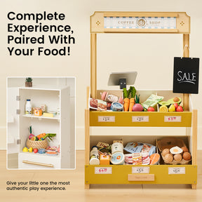 Tiny Land Play Food’s wooden market and register set comes labeled with prices, featuring a mini white refrigerator stocked with the Tiny Land® Organic Play Food Collection. Text: “Complete Experience, Paired With Your Food! Sale.” Encourages imaginative play for children.