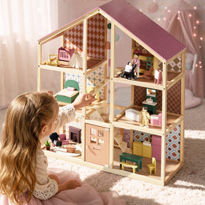 A young girl in a white dress enjoys imaginative play with the Tiny Land® Sweetwood Dollhouse without Dolls, arranging furniture sets in a sunlit room adorned with soft decor and twinkling lights.|Pegasus