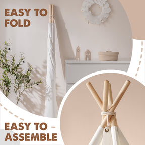 The Tiny Land® Teepee Tent for Kids with Mat stands against a light wall by a plant. Inset highlights sturdy assembled wooden poles. Text: EASY TO FOLD & ASSEMBLE—ideal indoor play tent from Tiny Land.