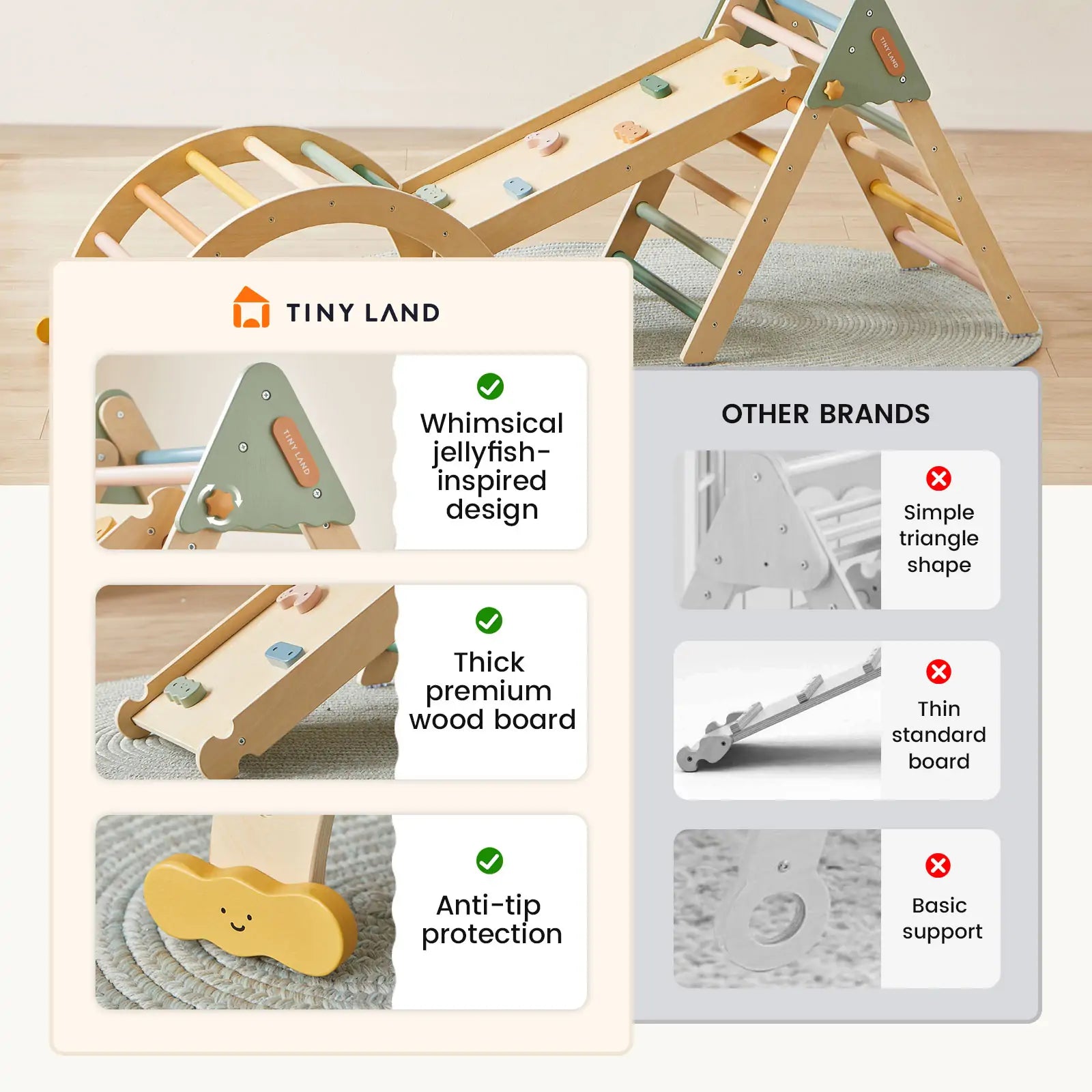 Side-by-side image comparing Tiny Land® 7-in-1 Morandi Pikler Triangle Set's playful design, sturdy thick wood, reversible ramp, and anti-tip features to a competitor’s plain, thinner, less stable Pikler Triangle.|morandi color