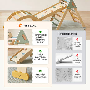 Side-by-side image comparing Tiny Land® 7-in-1 Morandi Pikler Triangle Set's playful design, sturdy thick wood, reversible ramp, and anti-tip features to a competitor’s plain, thinner, less stable Pikler Triangle.|morandi color