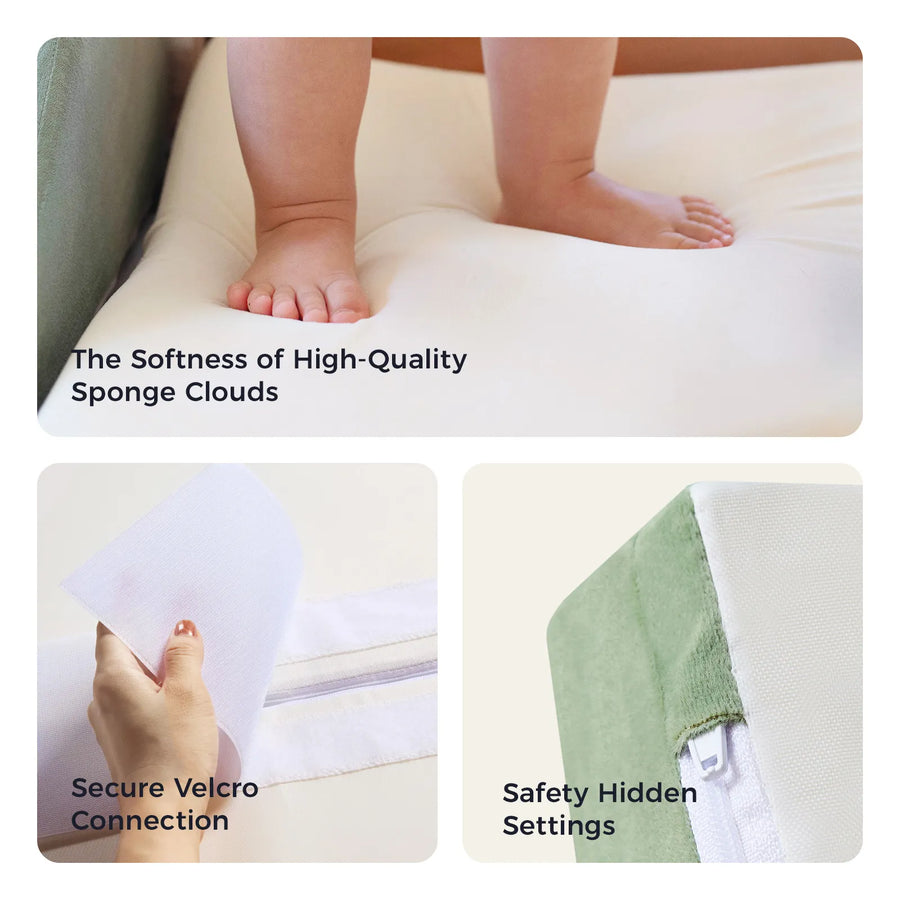 A baby stands barefoot on a soft white cushion from the Tiny Land® PlayNest Climbing Blocks by Tiny Land. Below, a hand demonstrates secure Velcro fastening near a zipper, and a green block corner highlights a concealed zipper for added safety—thoughtful features designed to support gross motor development as your little one explores.