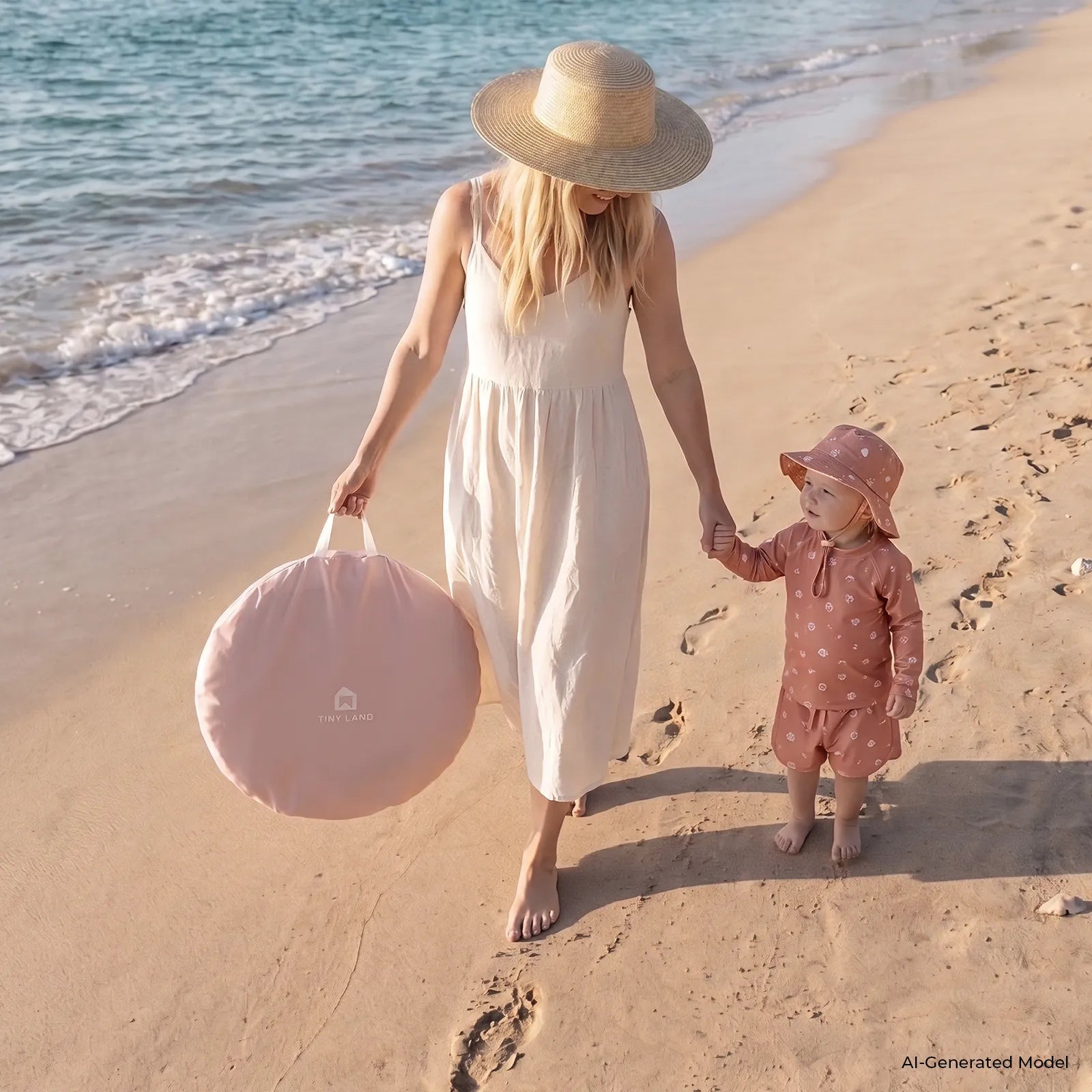 A woman in a white dress and straw hat strolls barefoot along the shore, holding a pink bag and the hand of a young child dressed in a matching pink outfit and hat. Nearby, their Tiny Land® Baby Beach Tent & Sand Toy Set from Tiny Land sits on the sand, ready for play as gentle waves lap at the beach.|Pink