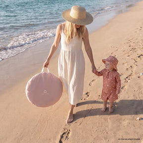 A woman in a white dress and straw hat strolls barefoot along the shore, holding a pink bag and the hand of a young child dressed in a matching pink outfit and hat. Nearby, their Tiny Land® Baby Beach Tent & Sand Toy Set from Tiny Land sits on the sand, ready for play as gentle waves lap at the beach.|Pink