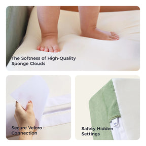 A baby stands barefoot on a soft white cushion from the Tiny Land® PlayNest Climbing Blocks by Tiny Land. Below, a hand demonstrates secure Velcro fastening near a zipper, and a green block corner highlights a concealed zipper for added safety—thoughtful features designed to support gross motor development as your little one explores.