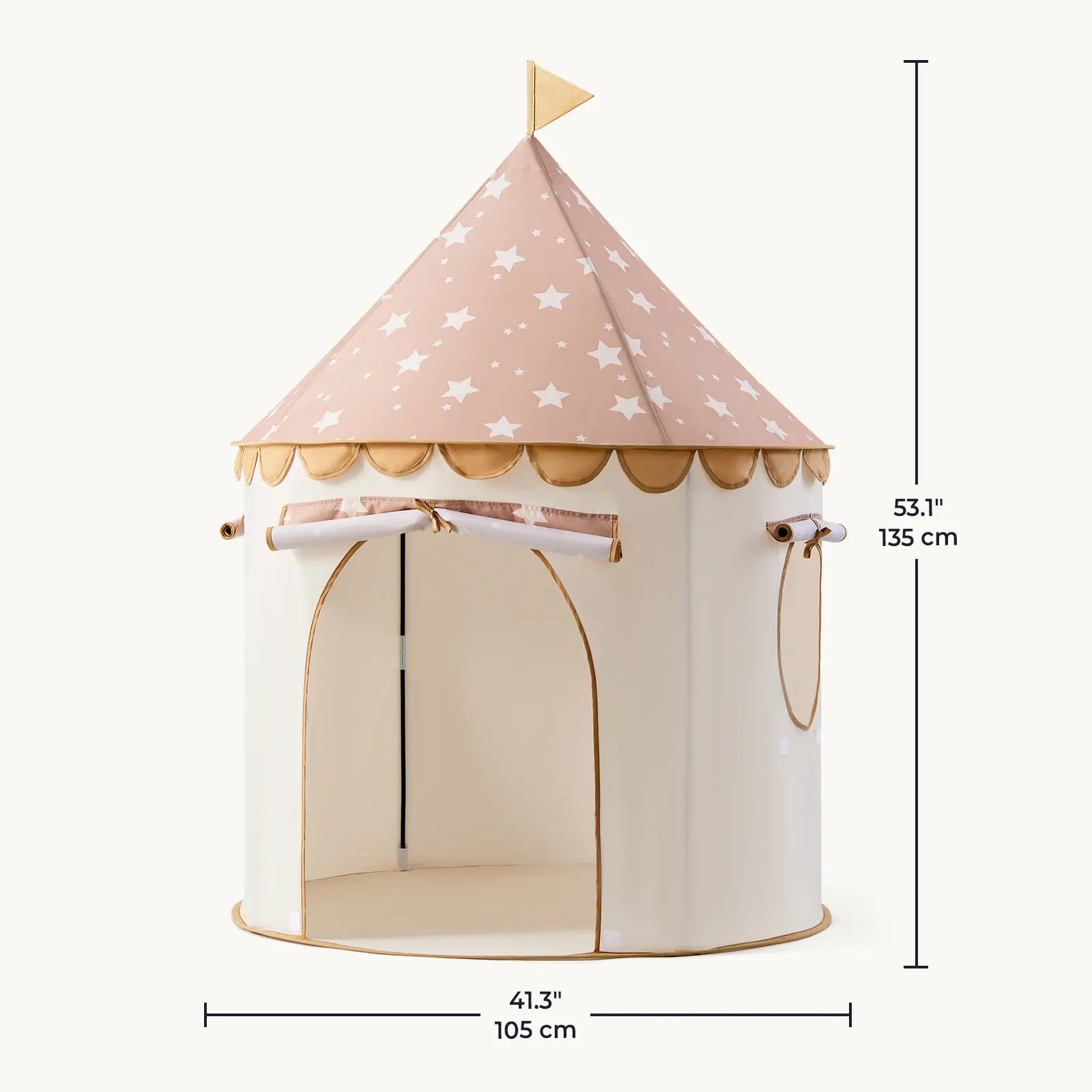 The Tiny Land® Kids Tent by Tiny Land is a beige and blush pink indoor tent for toddlers, featuring a star-patterned roof, gold trim, roll-up windows, and a flag. Size: 53.1" tall by 41.3" diameter—perfect as a whimsical playhouse for kids.|Brown