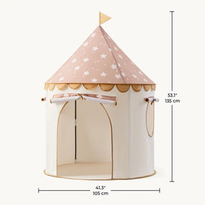The Tiny Land® Kids Tent by Tiny Land is a beige and blush pink indoor tent for toddlers, featuring a star-patterned roof, gold trim, roll-up windows, and a flag. Size: 53.1" tall by 41.3" diameter—perfect as a whimsical playhouse for kids.|Brown