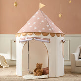 The Tiny Land® Kids Tent by Tiny Land features a pink, star-patterned roof with a flag, an open entrance, and includes a cozy mat for play. A brown teddy bear sits inside, perfect for indoor fun in rooms with pale walls and beige decor.|Brown