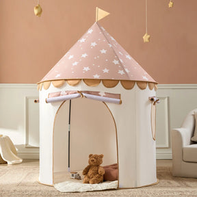 The Tiny Land® Kids Tent by Tiny Land features a pink, star-patterned roof with a flag, an open entrance, and includes a cozy mat for play. A brown teddy bear sits inside, perfect for indoor fun in rooms with pale walls and beige decor.|Brown
