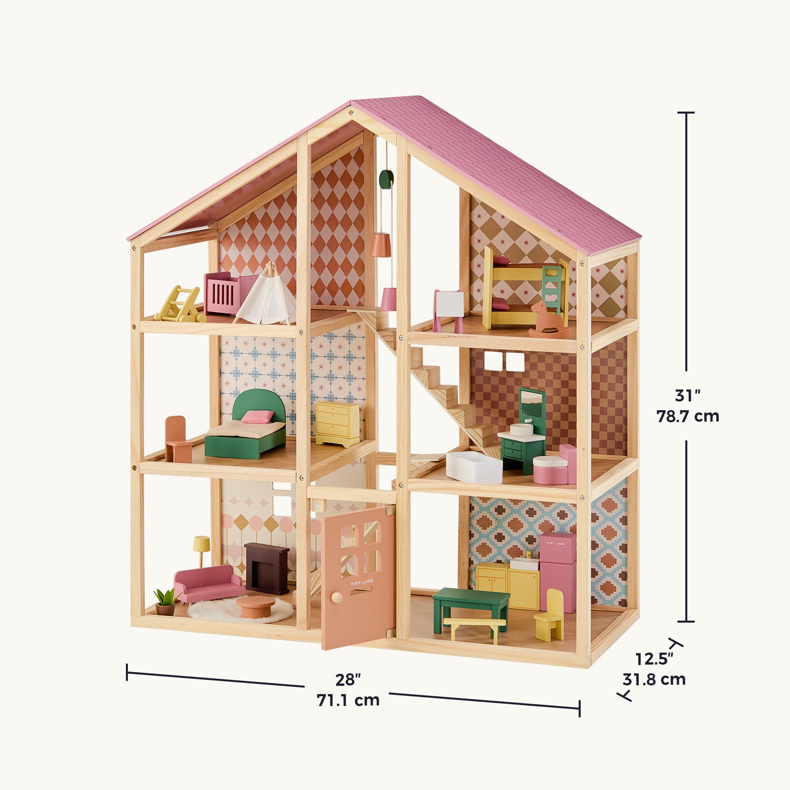 The Tiny Land® Sweetwood Dollhouse without Dolls by Tiny Land features a pink roof, colorful furniture sets, and decorative wallpaper—perfect for imaginative play. Dimensions: 31" H x 28" W x 12.5" D.|Pegasus