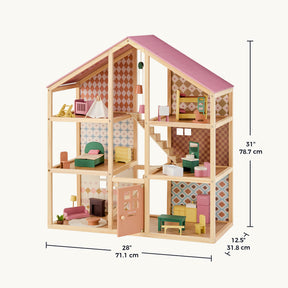The Tiny Land® Sweetwood Dollhouse without Dolls by Tiny Land features a pink roof, colorful furniture sets, and decorative wallpaper—perfect for imaginative play. Dimensions: 31" H x 28" W x 12.5" D.|Pegasus