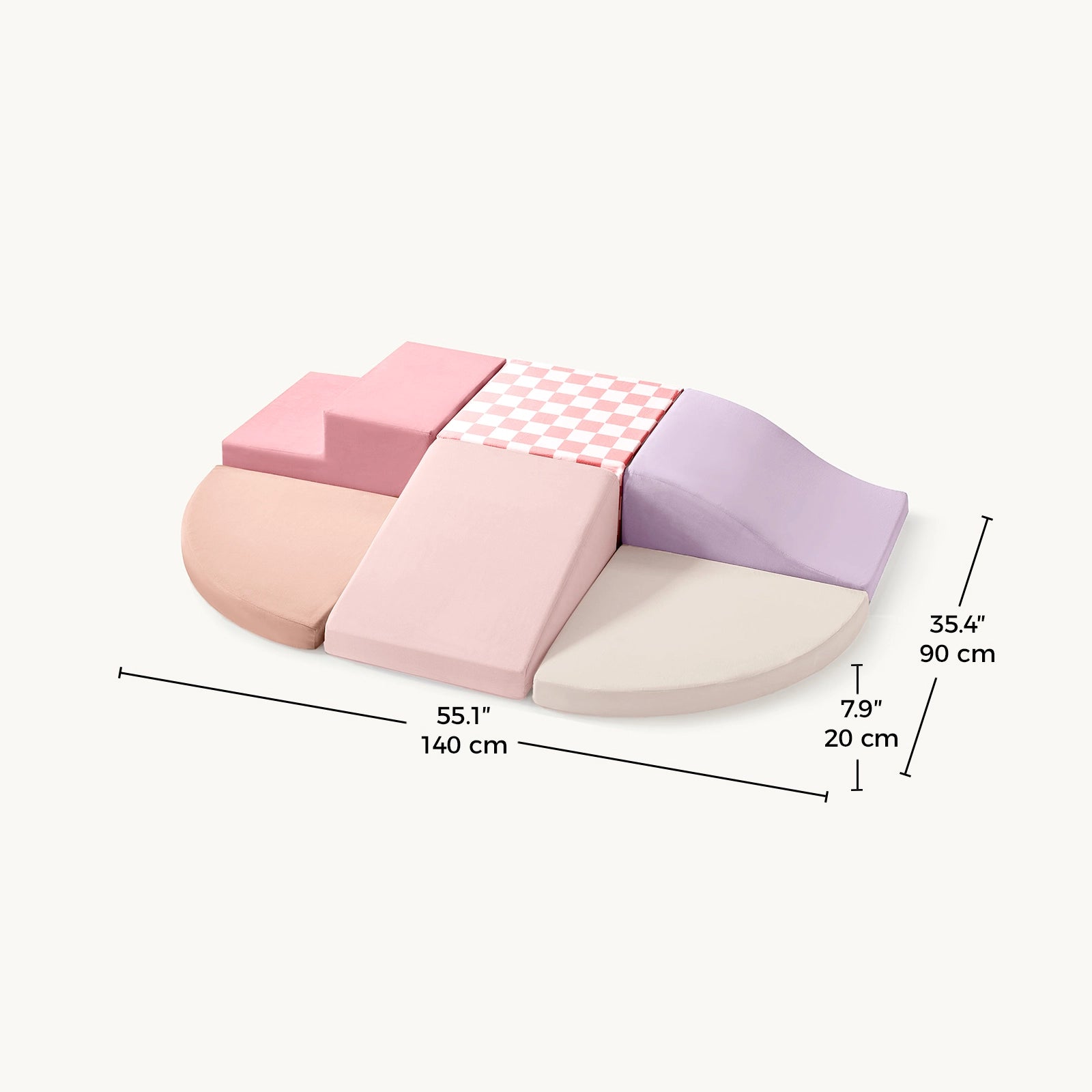 The Tiny Land® Violet PlayNest Climbing Ball Pit Set with Tunnel by Tiny Land features a collection of pastel-colored foam play blocks artfully arranged on a mat measuring 140 cm by 90 cm, with each block standing 20 cm high. Designed for indoor playgrounds, the set includes various shapes—one adorned with a charming checkerboard pattern—and pairs effortlessly with accessories like the soft play tunnel or foam ball pit for endless fun.|Blue