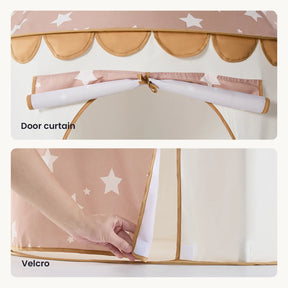 Two images showcase the Tiny Land® Kids Tent – Indoor Tent for Toddlers: the top displays its star-patterned, rolled-up door curtain, while the bottom shows a hand opening the playhouse with white Velcro strips.|Brown