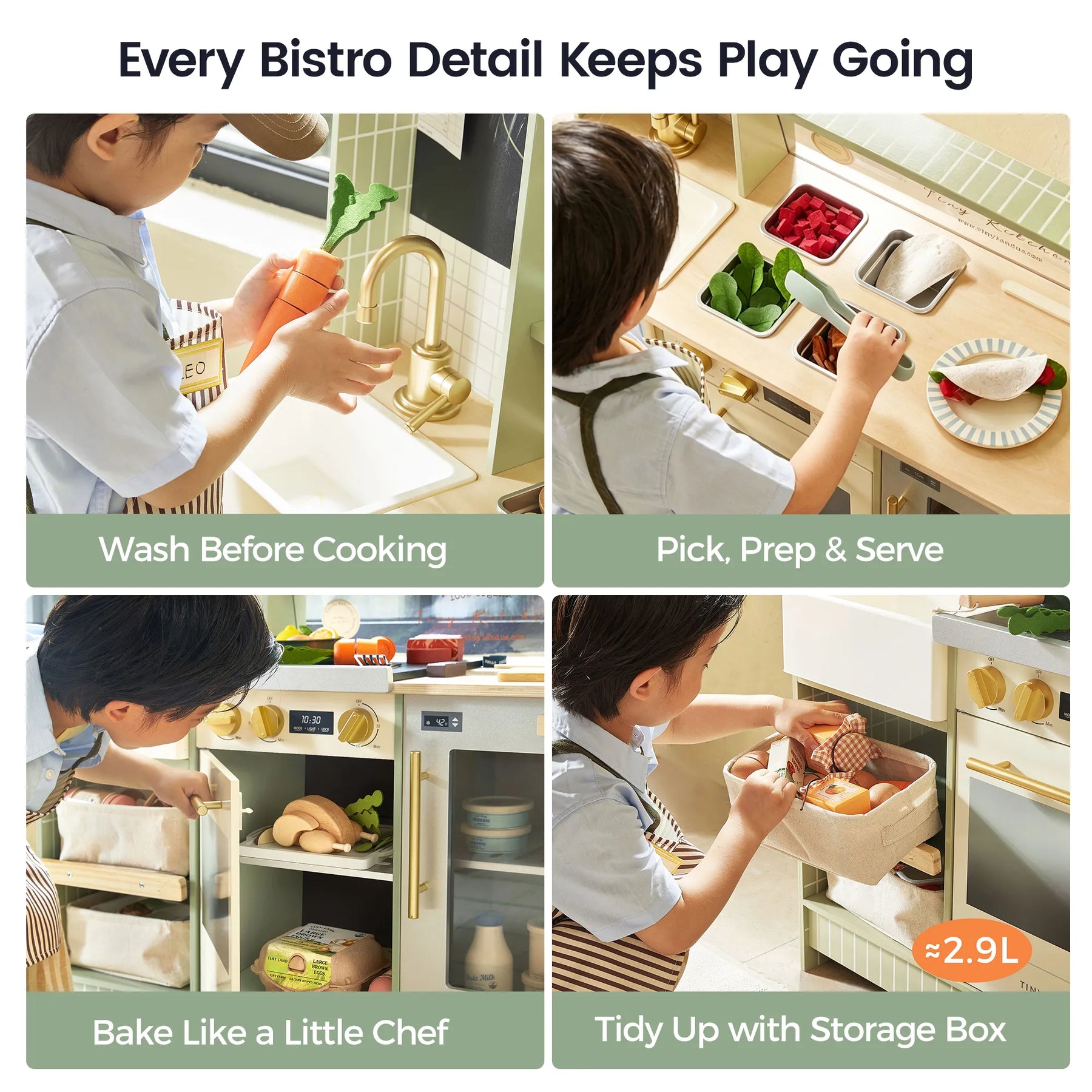 Four images feature a child engaging with the Tiny Land® BistroSwitch Play Kitchen—washing vegetables, serving pretend meals, baking with toy ingredients, and organizing items in the included storage box. Text highlights washing, prepping, baking, and tidying up for a fun and interactive pretend play experience from Tiny Land.|Green