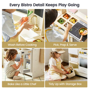 Four children play with the Tiny Land® BistroSwitch Play Kitchen by Tiny Land: washing toy veggies, prepping food, using the pretend oven, and storing items in a box. Each activity is displayed in a separate box with labels describing each step.|Cream