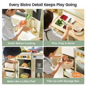 Four images feature a child engaging with the Tiny Land® BistroSwitch Play Kitchen—washing vegetables, serving pretend meals, baking with toy ingredients, and organizing items in the included storage box. Text highlights washing, prepping, baking, and tidying up for a fun and interactive pretend play experience from Tiny Land.|Green