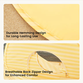 Top: Close-up of Tiny Land® One-Stop Beach Toy & Tent Set’s hem in pastel yellow stripes on sand, showing strong stitching. Bottom: The tent’s round zippered door highlights breathable, UV-protective shade. Labels note durability and comfort.|Pastel Yellow Stripes